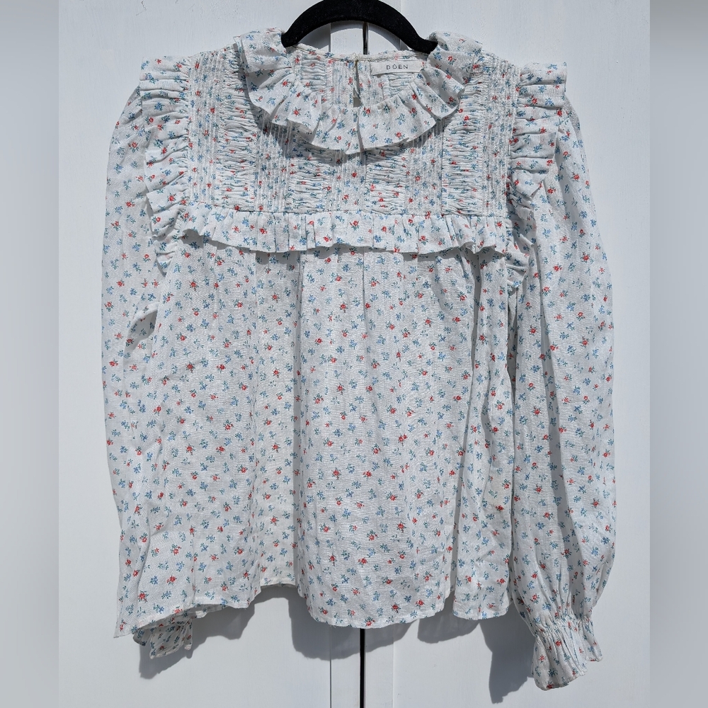 Doen Floral Ruffle Blouse - White and Pink